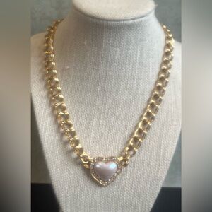 Avon Double Link Necklace/ Faux Pearl Heart with Rhinestones Pendant